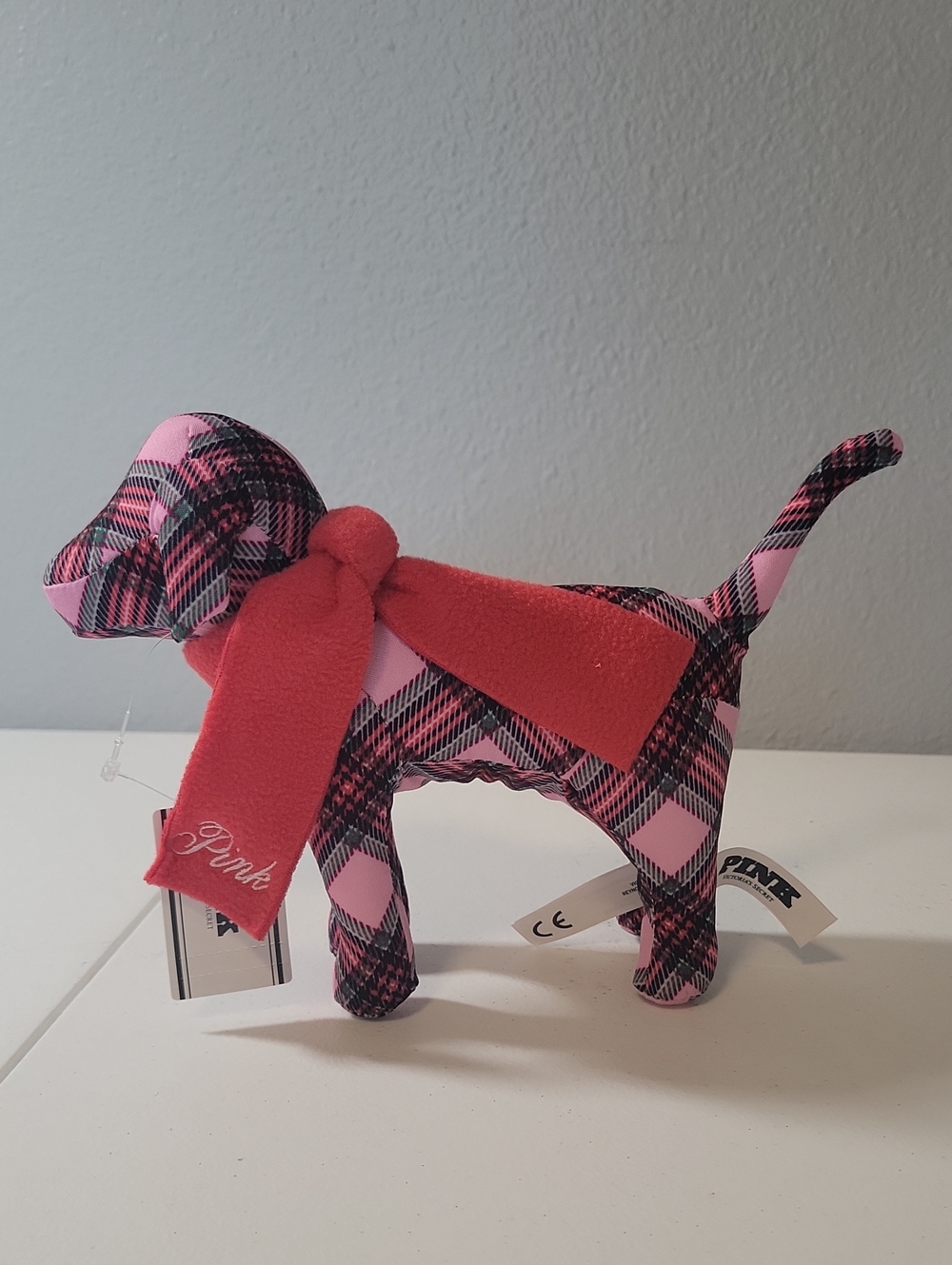 PINK Victoria's Secret Pink and Black Plaid Plush Dog with Red Scarf